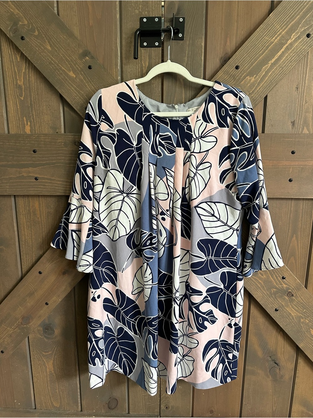 eva mendes for New York & Company Pink and Navy Leaf-Print Long Sleeve Dress